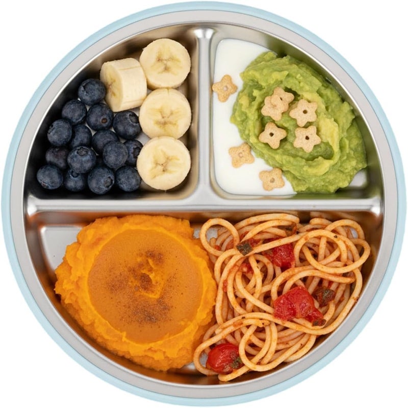 PandaEar 6-in-1 Stainless Steel Baby Feeding Set | Divided Suction Plate, Bowl, Sippy Cup with Straw, Bib, Spoon & Fork | BPA-Free Toddler Feeding Essentials for Self-Feeding (Blue) - Image 4